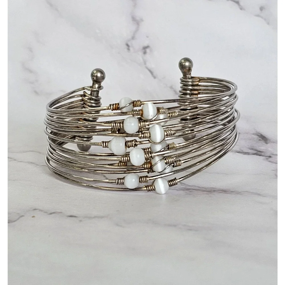 Vintage Multi-Strand Wire Wrap Open Cuff Bracelet White Beads Silver Boho 80s